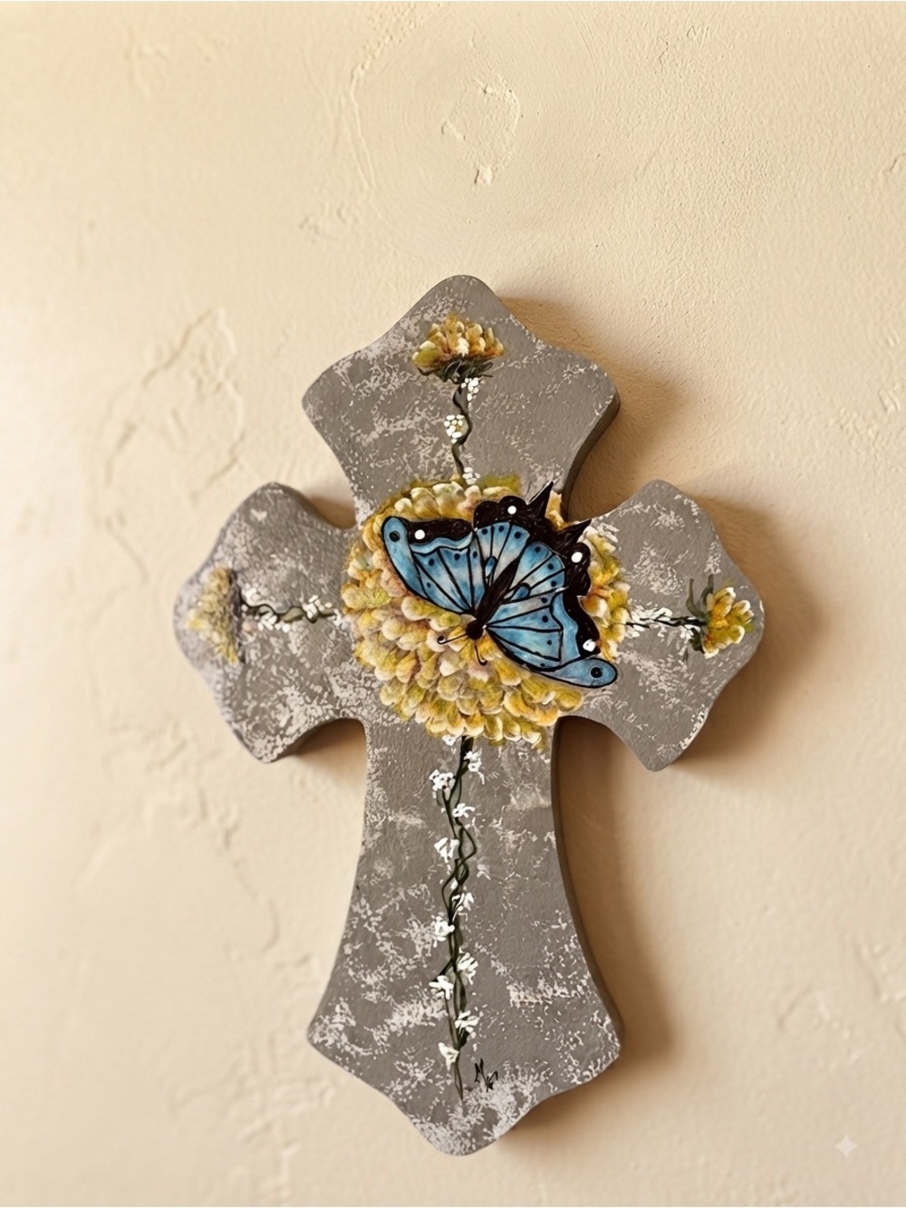 Artisan Hand-Painted Gray Cross Wall Art with Blue Butterfly and Yellow Flower
